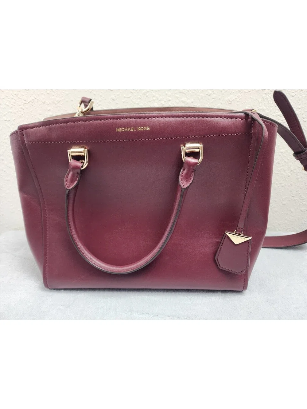 👜MICHAEL KORS BENNING LARGE LEATHER SATCHEL BURGUNDY GOLD HARDWARE SHOULDER BAG